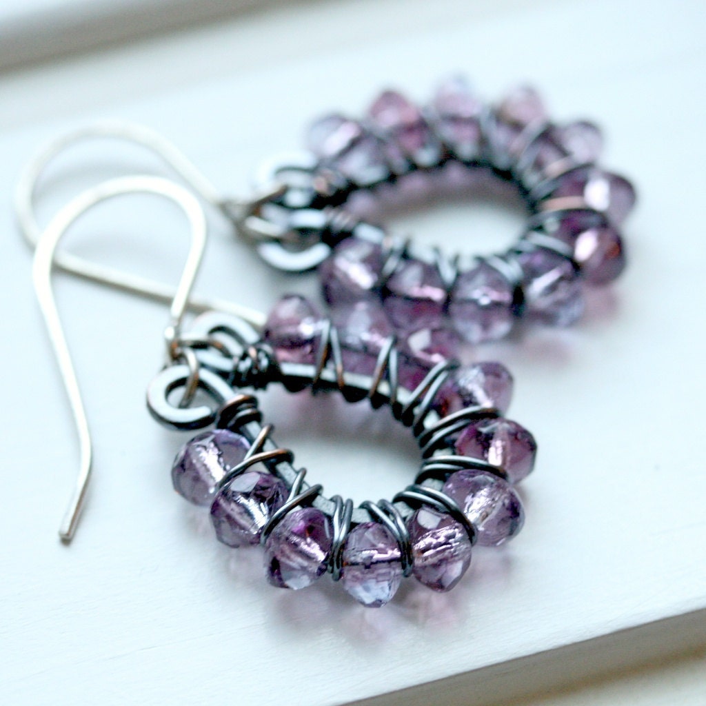 Handmade beaded dangle earrings, purple Czech glass, oxidized copper earrings, sterling silver ear wires, wire wrapped earrings