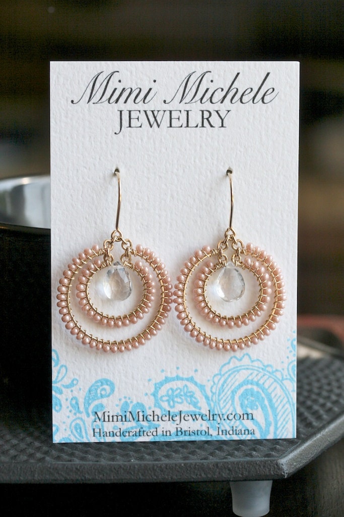 Handmade pink earrings, seed bead, beaded earrings, wire wrapped, hoop earrings, 14k gold filled, Mimi Michele Jewelry