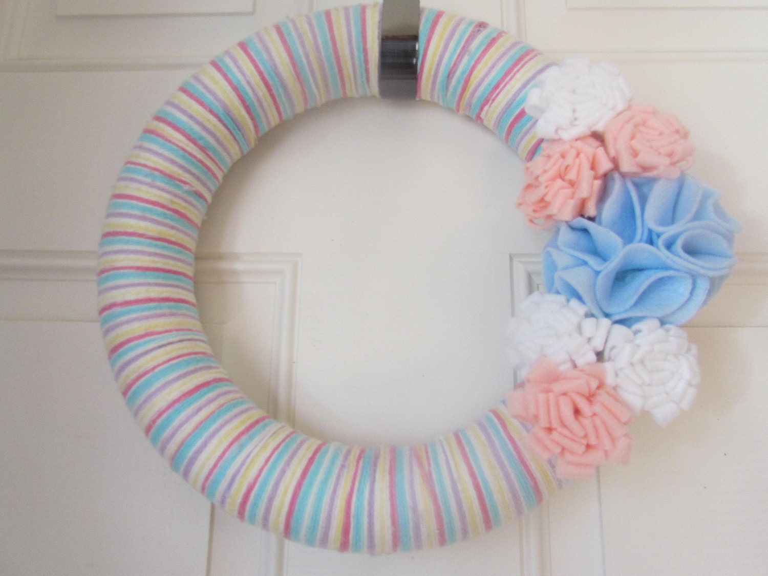 Striped Pink White Blue Purple Yellow Spring Yarn Wreath With Felt Flowers