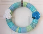 Seafoam Green and Blue Yarn Wreath With Felt Flowers Peony and Rosettes. Adorned with Pearls. 12 Inches