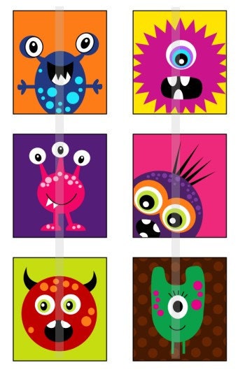 Monsters - one 4x6 inch digital sheet of scrabble size (0.75 x 0.83 inches) images for scrabble tiles