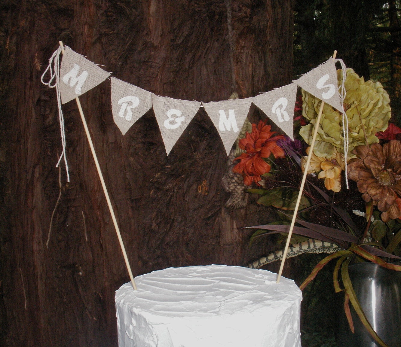 Rustic Wedding Cake Topper MR & MRS Bunting in white on natural cotton
