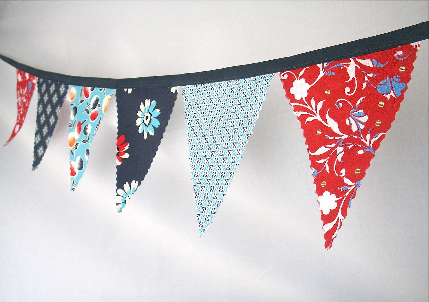 Bunting Flags - Fabric Pennants in Blues and Reds Modern Prints- size medium