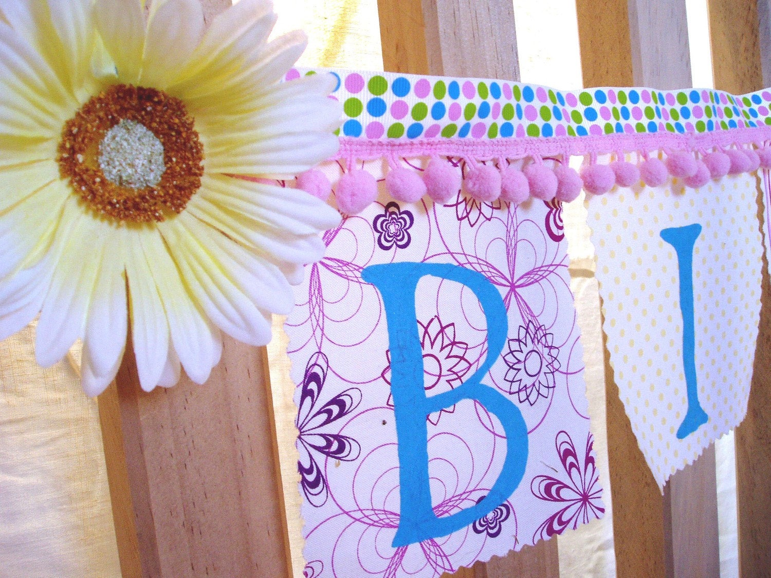 Birthday Banner Pink Carnival with pom poms and flower Il_570xn