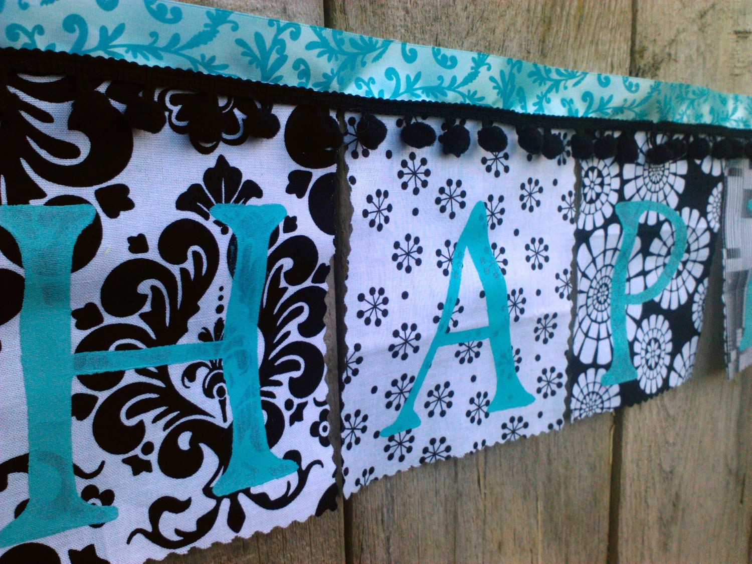 Happy Birthday Banner Black white and aqua with black pom poms Il_570xn