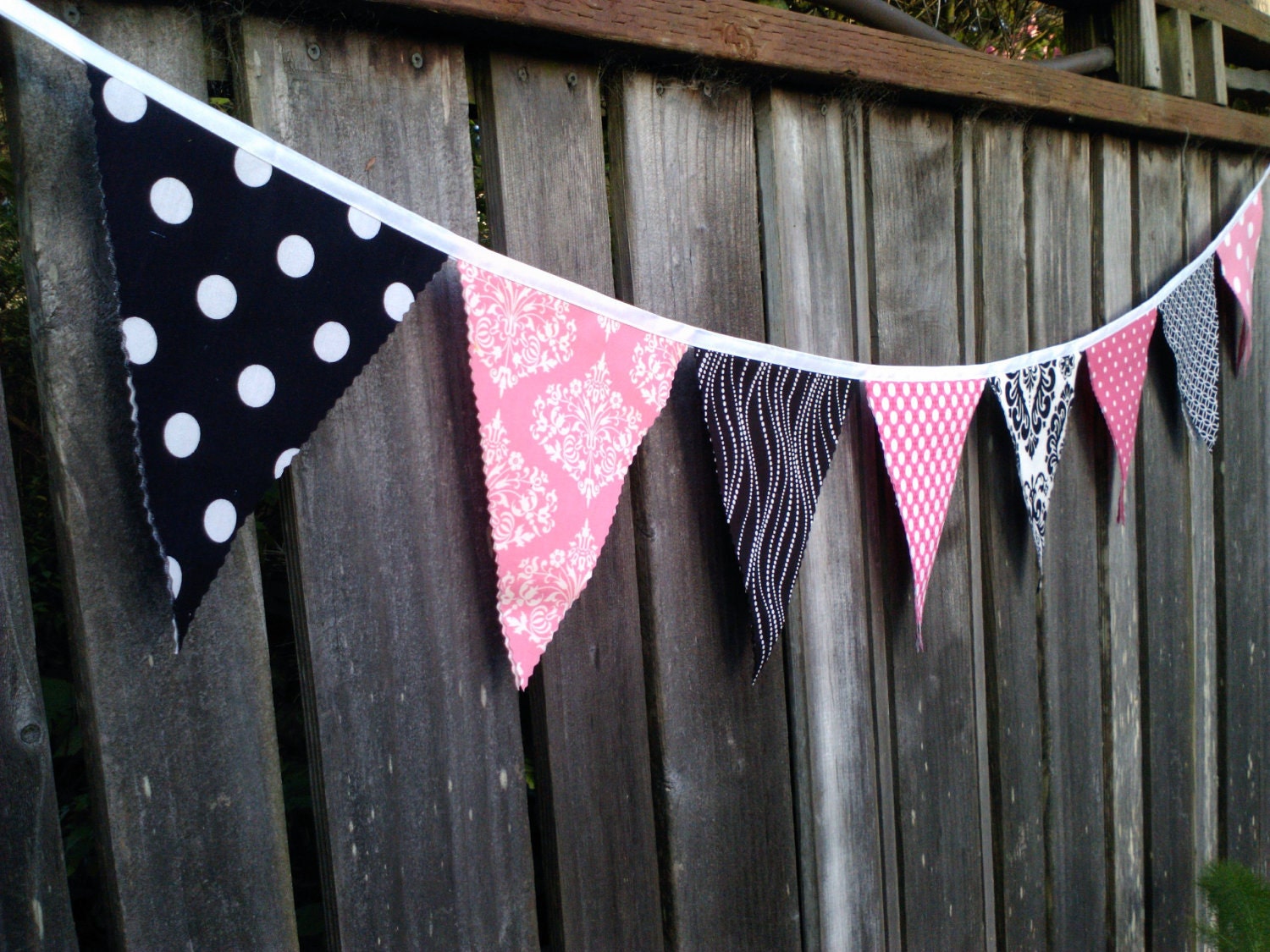 Bunting Flags Pink and Black Fabric Pennants size Large Il_570xn