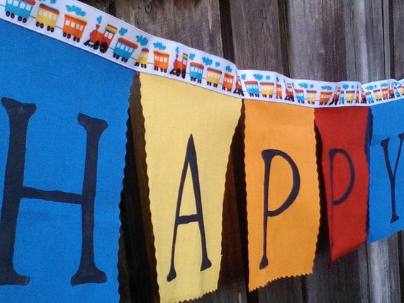 Fabric Happy Birthday Banner Trains Boys Birthday Decoration in Bright Colors Il_570xn