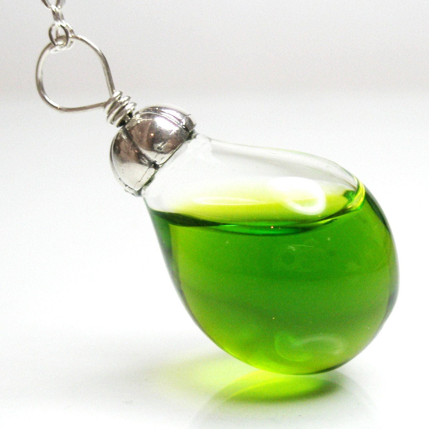 Fern green color water in tear drop hand blown glass sterling silver necklace