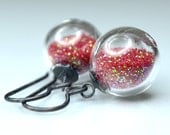 Cherry red fine glitter blown glass antiqued sterling silver earrings