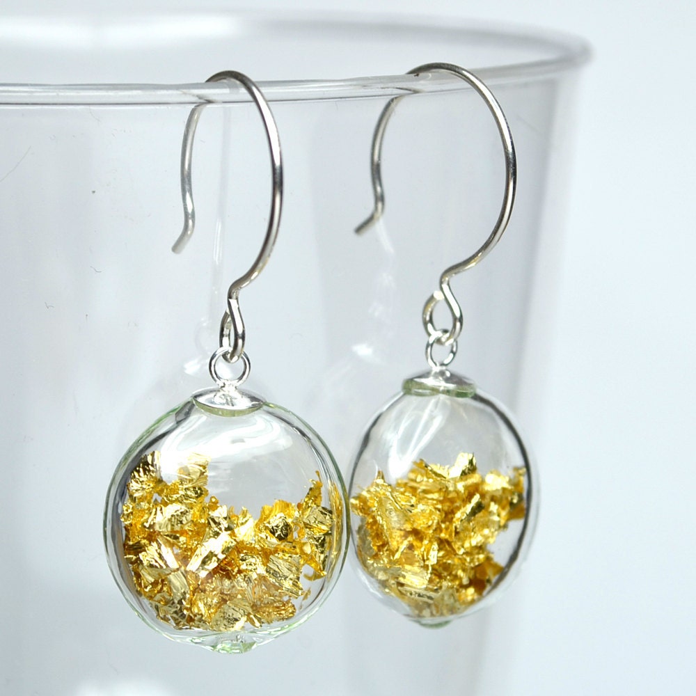 Gold leaf flat round blown glass sterling silver earrings