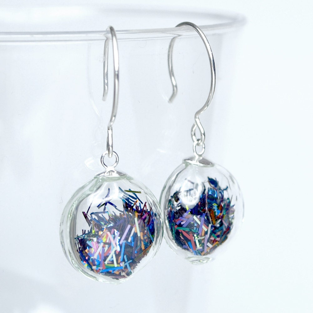 Multi color tinsel glitter flat round blown glass sterling silver earrings