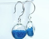 Teal blue micro beads flat round blown glass sterling silver earrings