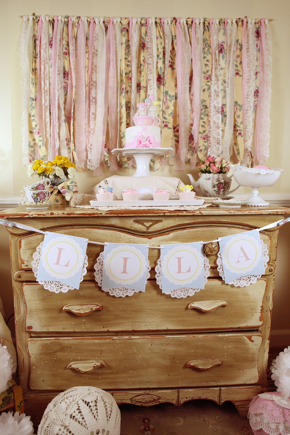 Frilly Tea Party Birthday PRINTABLE Custom Name Banner by Love The Day Il_570xn