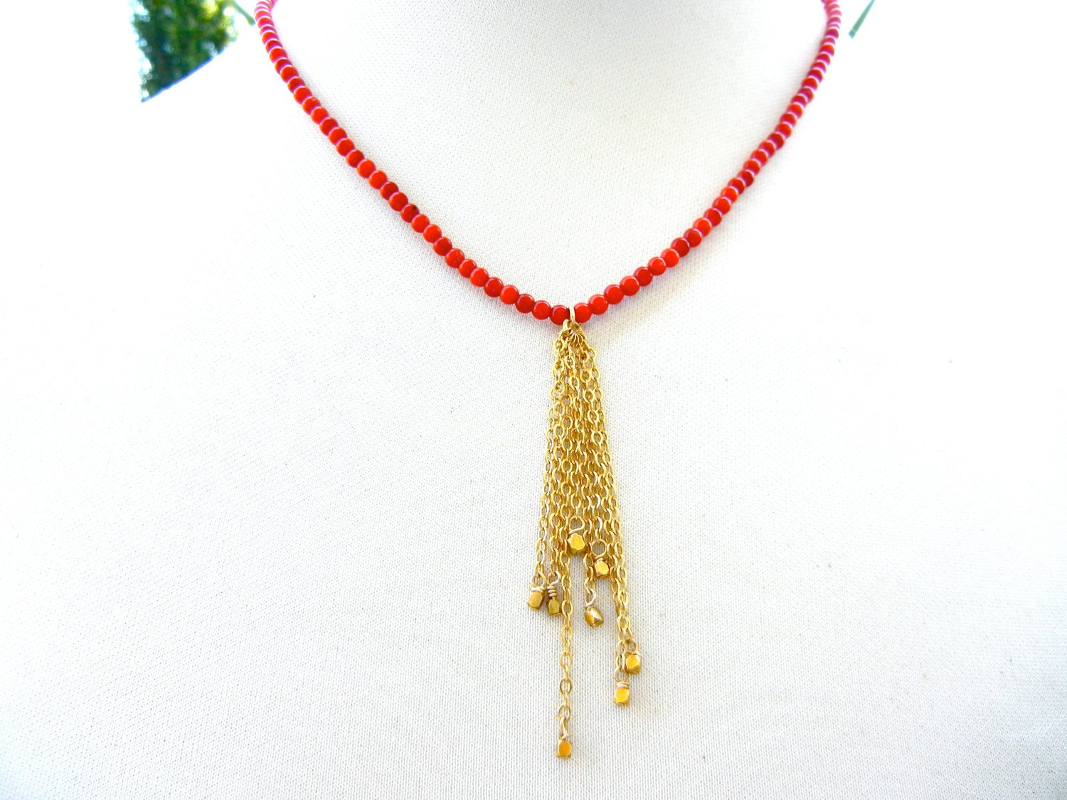 Beaded Necklace,Coral Necklace, Gold Necklace, Unique Necklace, Tassel Pendant, Gold Necklace