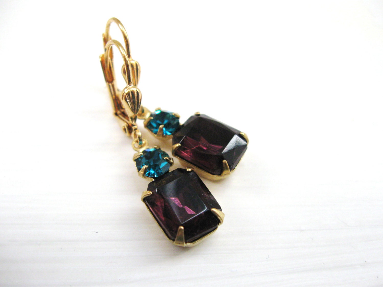 Violet and Teal Glass Jewels in Brass  - Estate Jewelry - Wedding Bridal Earrings