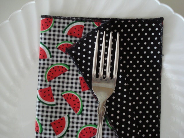 Table Napkins - Everyday . Reversible Cotton Watermelon and Polka Dot 10" Napkins - Set of 4
