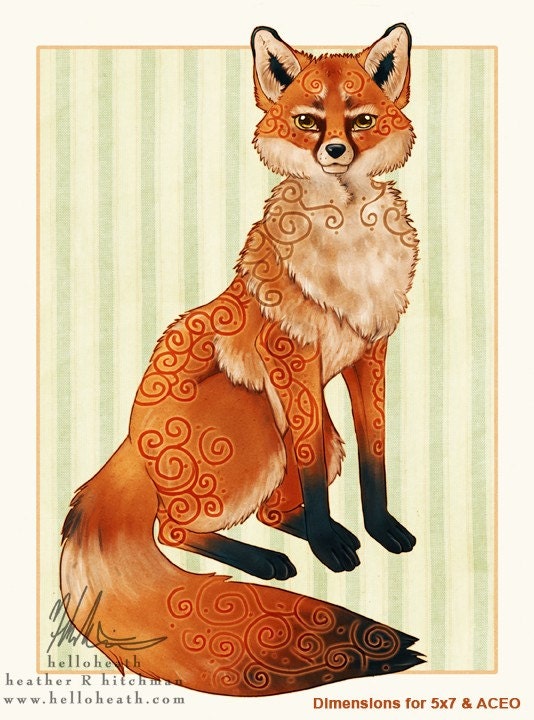 ACEO Fox Vixen Celtic Swirl, Digital Art Fantasy