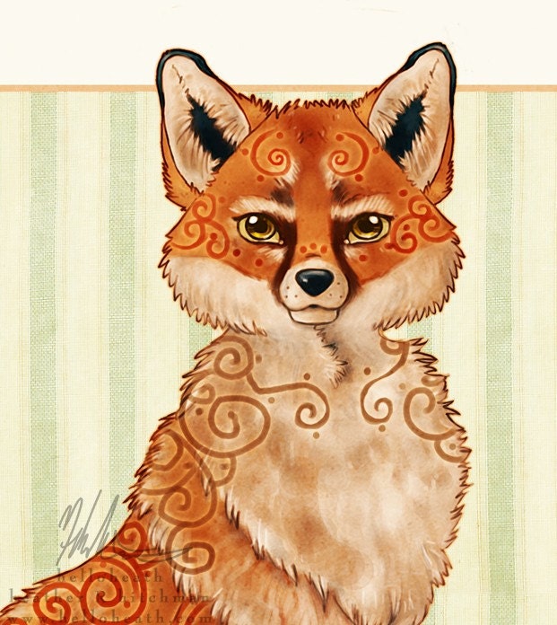 ACEO Fox Vixen Celtic Swirl, Digital Art Fantasy