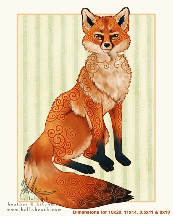 ACEO Fox Vixen Celtic Swirl, Digital Art Fantasy