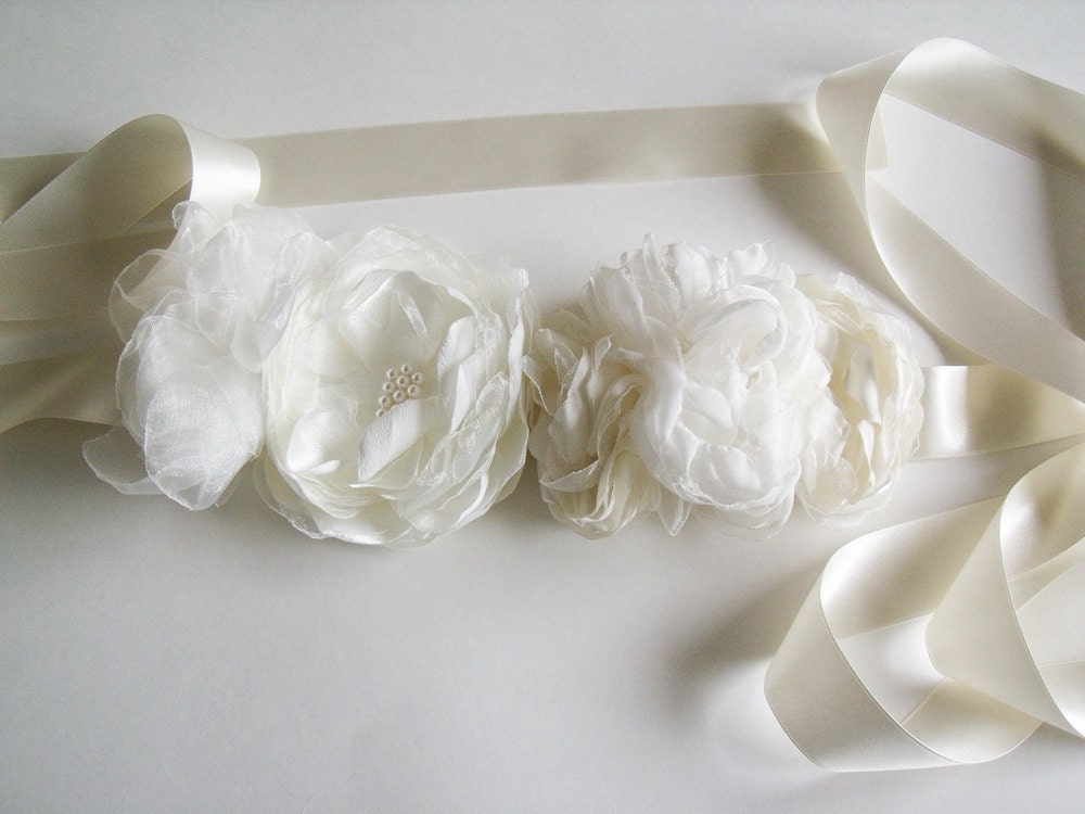 Ivory Satin Bridal Sash - Flower Sash - Bridal Belt