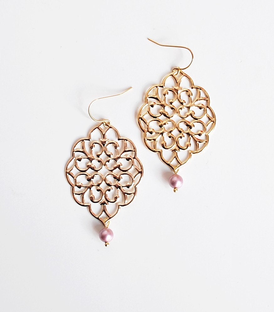 Exquisite charm - long dangle filigree earrings with delightful Swarovski pearls in powder rose shade - missbabacilu