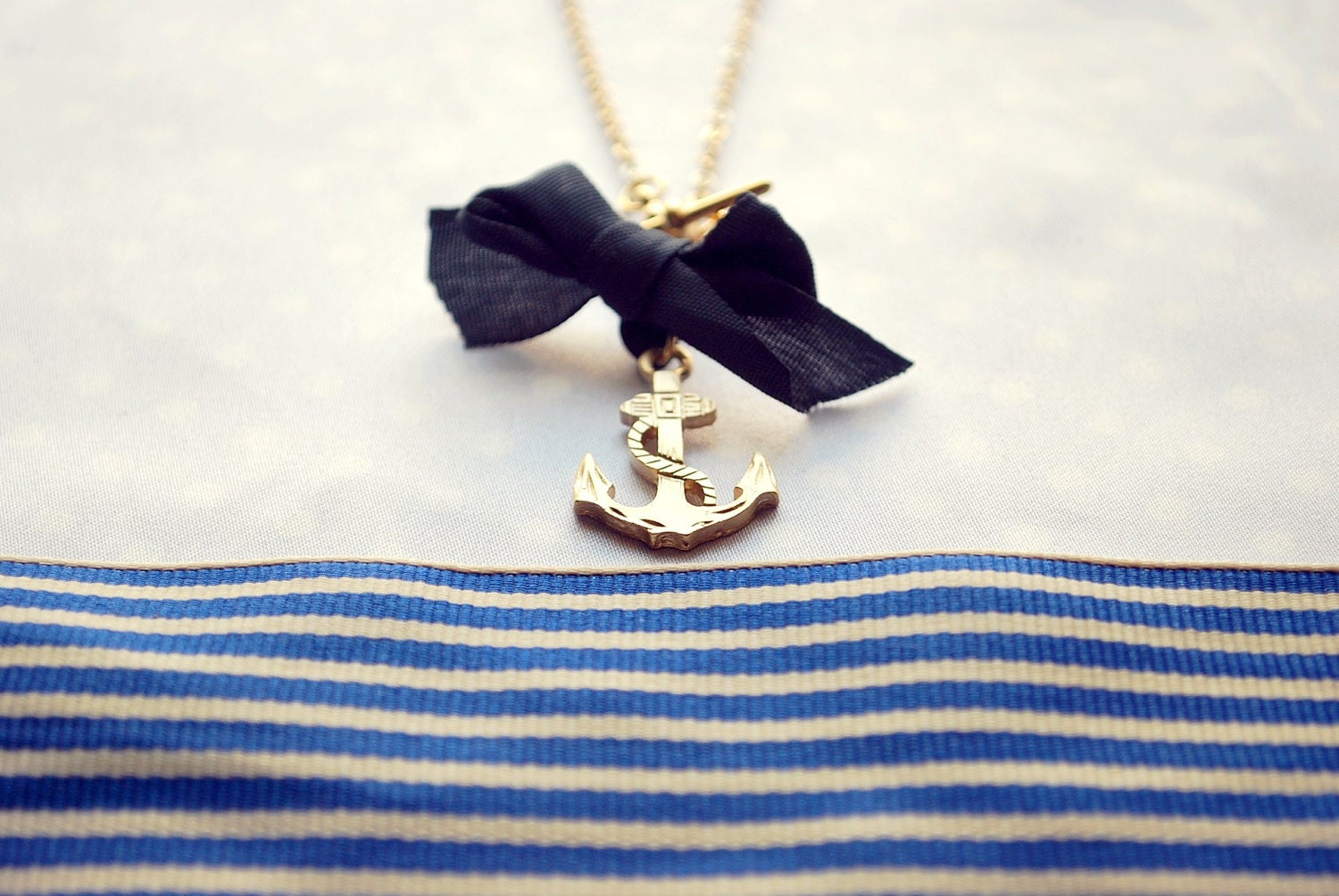 Anchor necklace, Nautical necklace, Sea side love necklace, Gold anchor necklace with a blue ribbon, Long nautical necklace