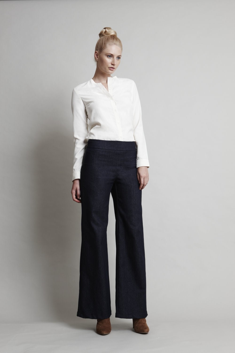 Wide Leg Pants - Blue Stretch Denim, High waist, Sophistocated Boho Look and Super Comfortable