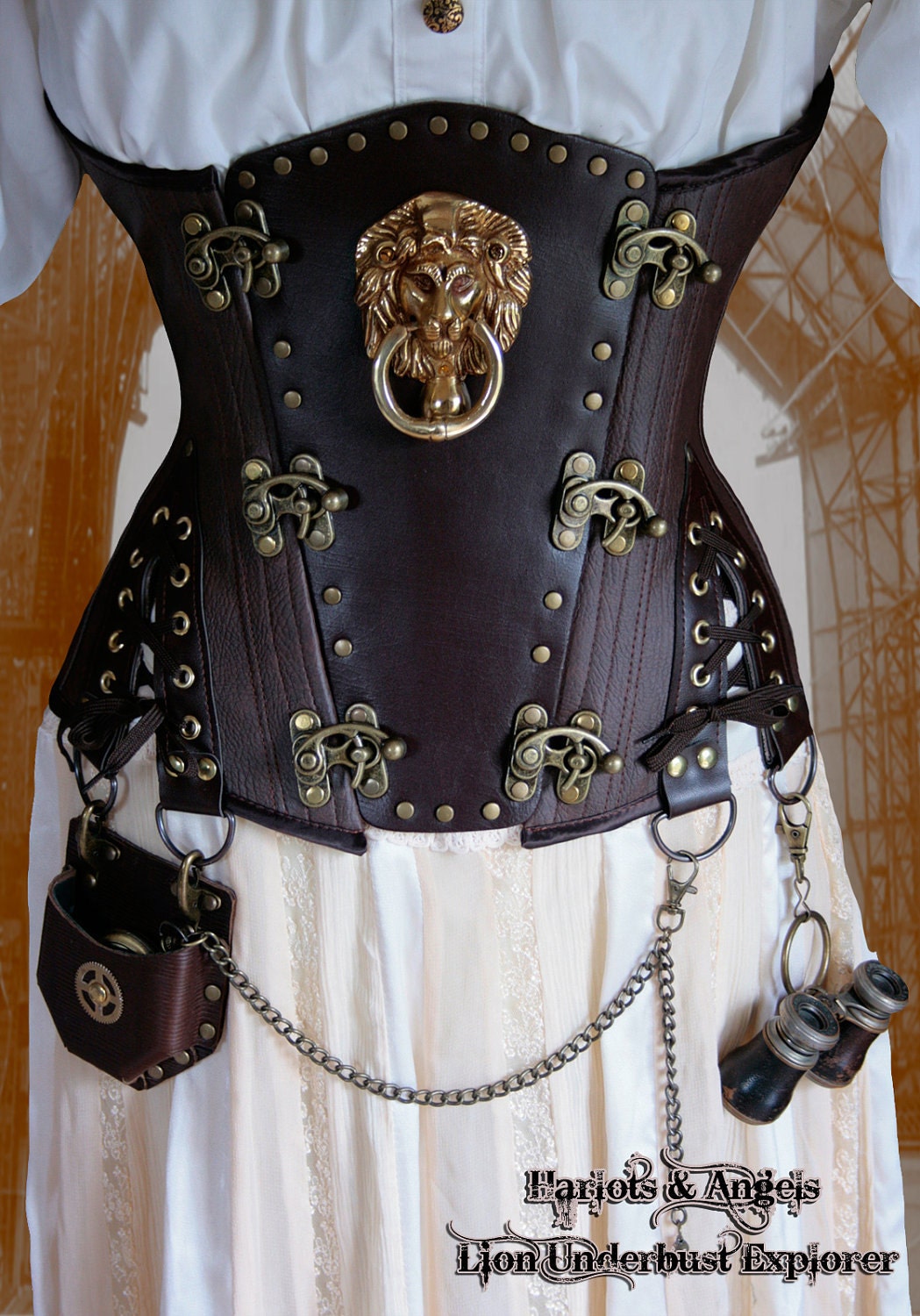34" waist Steampunk Brass Lion Explorer Corset " Veggie"' Leather