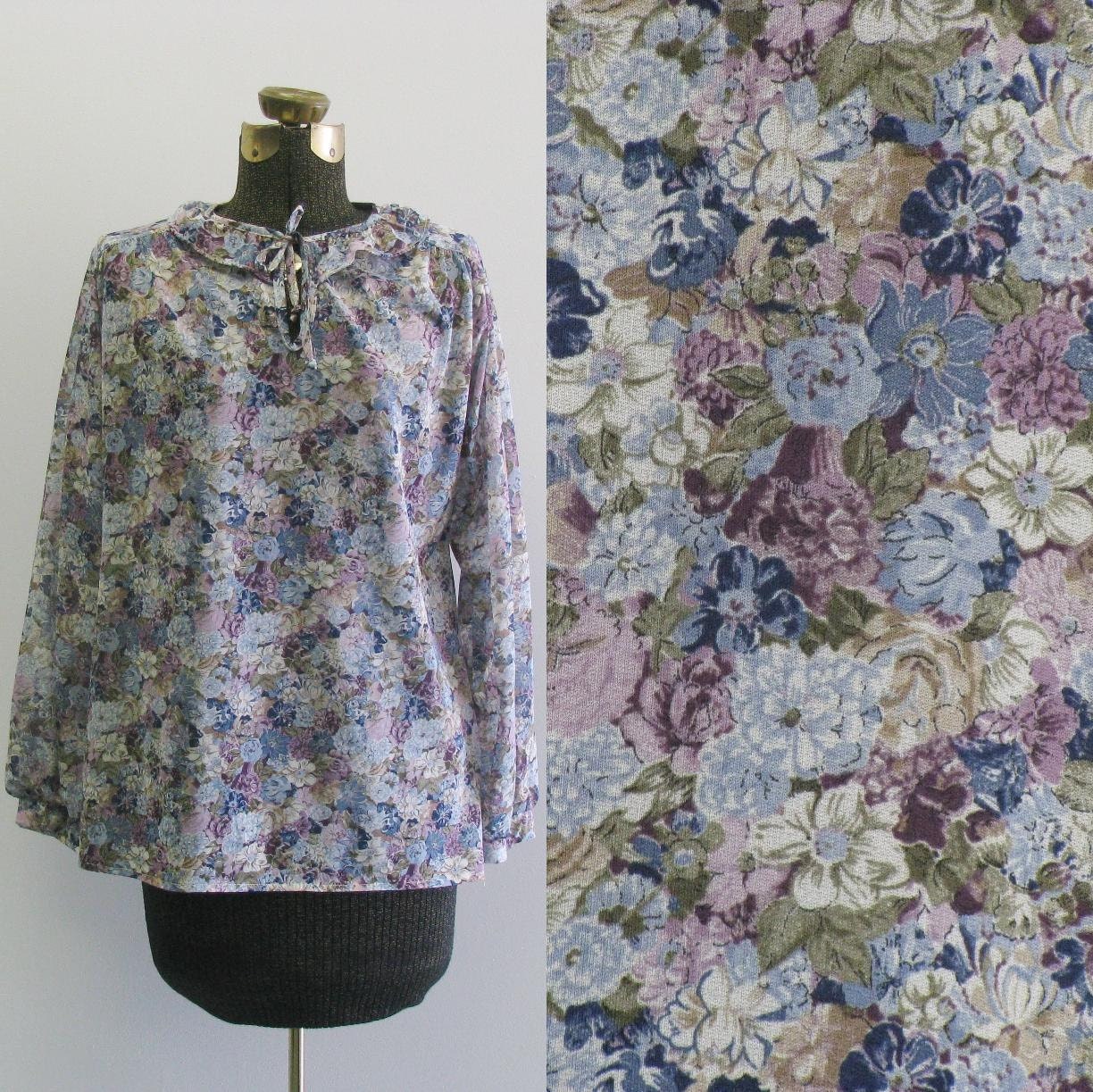70s Floral Shirt / 1970s Purple Sheer Blouse / Wendy Winter M