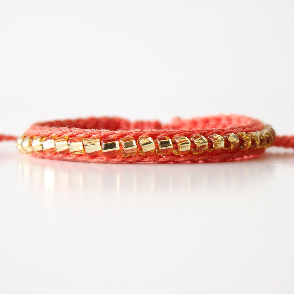 Beaded Friendship Bracelet, Coral and Gold, Crochet Bracelet, Crochet Jewelry