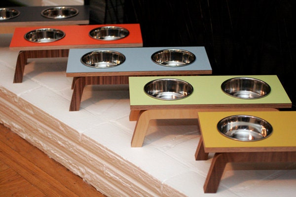 Mid Century Modern Pet Feeder & stainless steel bowls