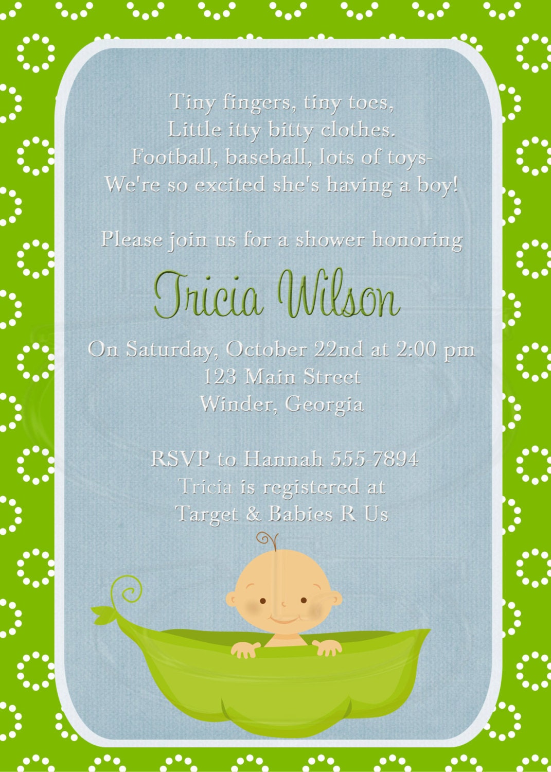 Baby Shower Invitation or Baby Sprinkle (for 2nd or 3rd child) Pea in ...