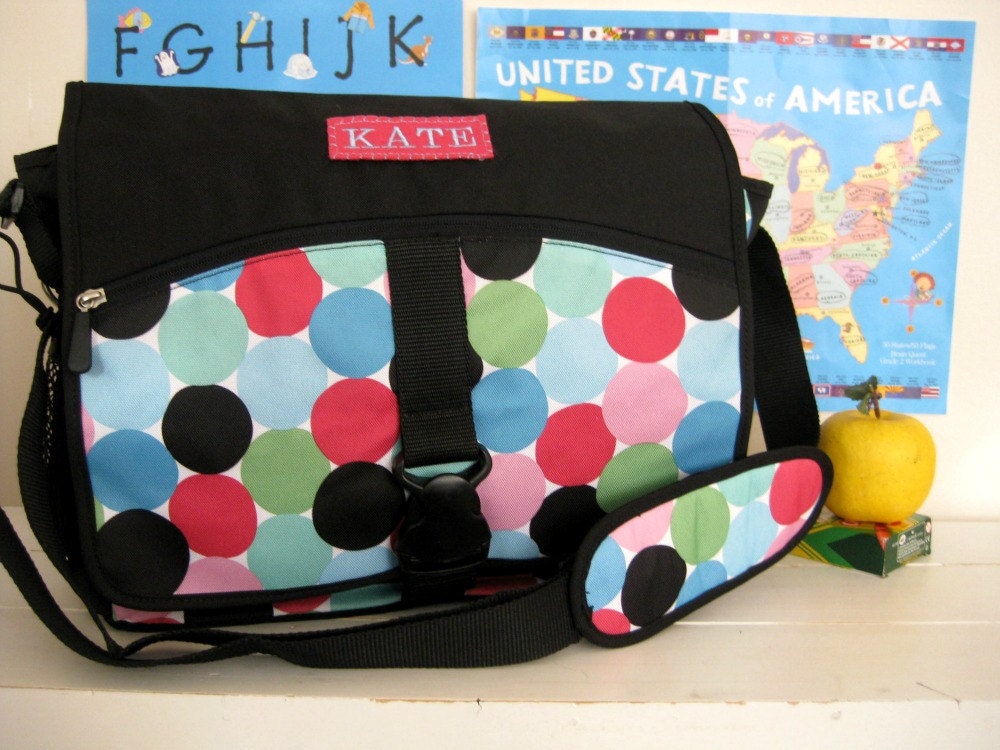 Personalized Messenger Bag Upcycled PBteen-- Black Pop Dot