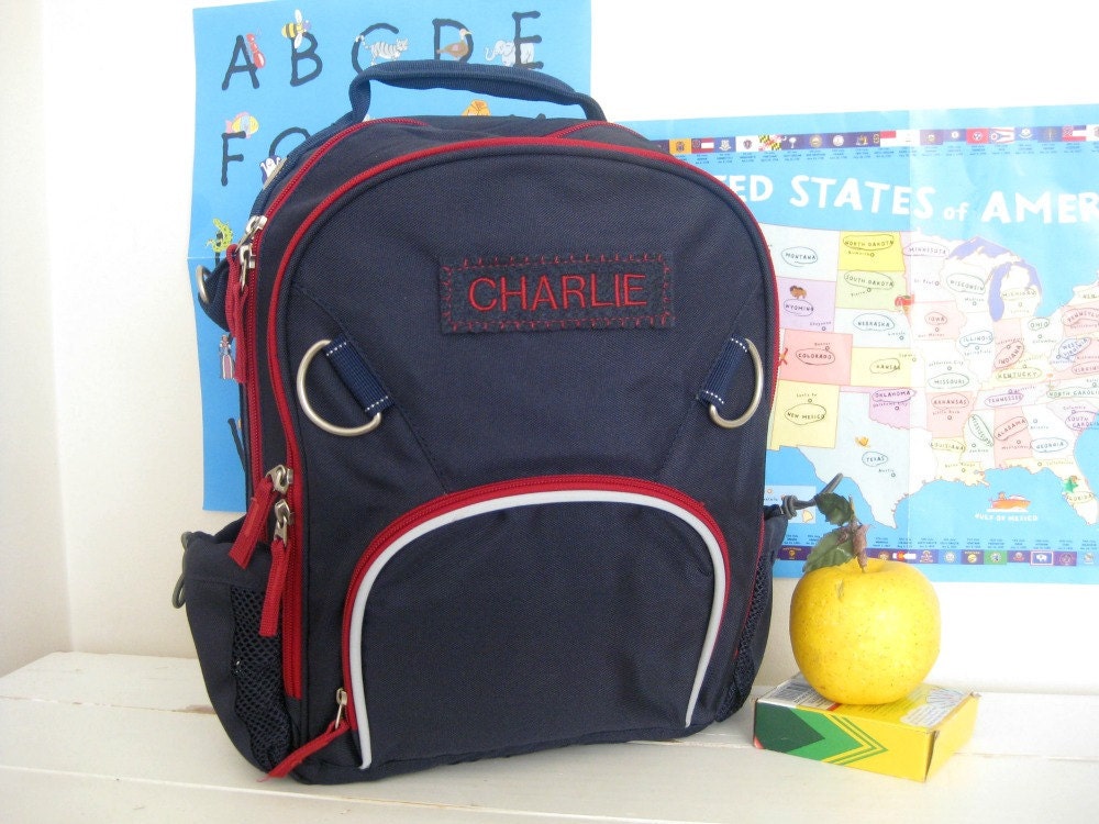 Kids Backpack With Monogram (Small Size) -- Navy/Red