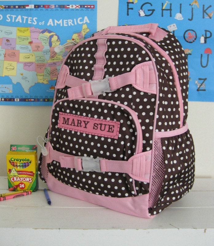 Girls Backpack With Monogram (Large Size) -- Brown Dot