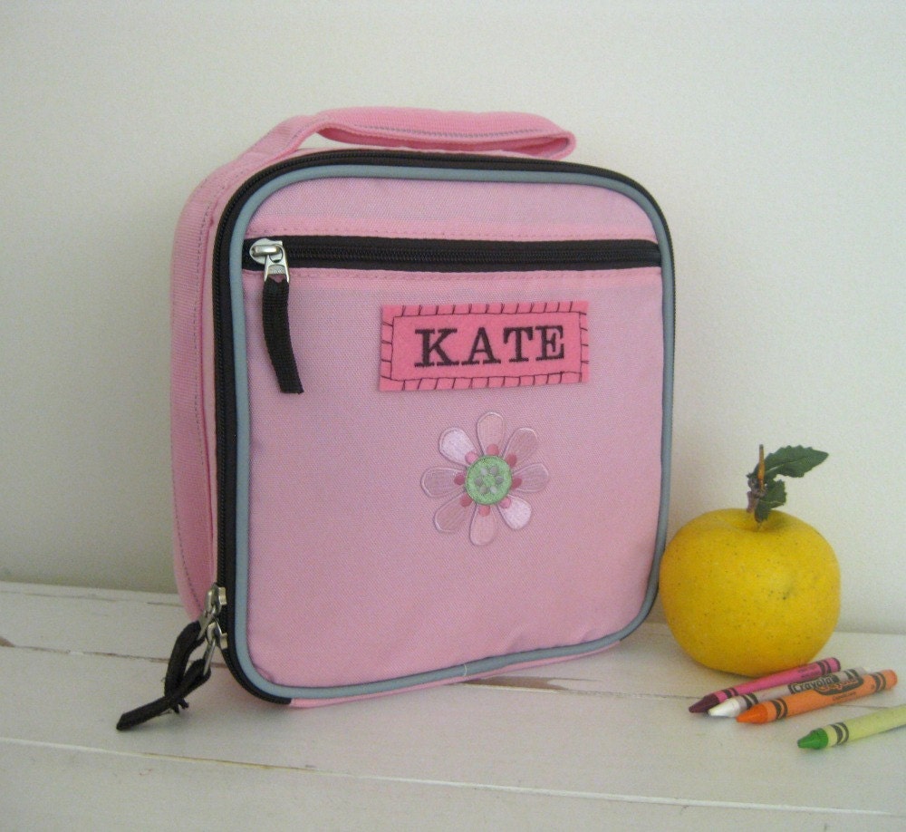 Girl's Lunch Box With Monogram Upcycled Pottery Barn (Fairfax) --Pink/Chocolate With Flower Patch