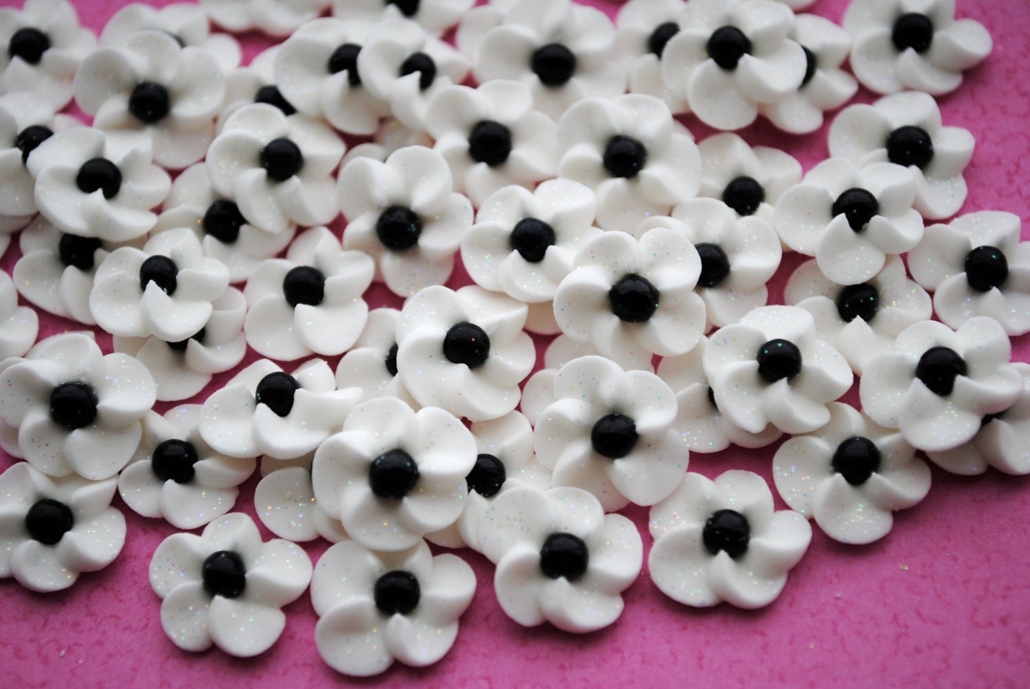 100 Handmade Sparkling White Royal Icing Drop Flowers with black sugar pearl center