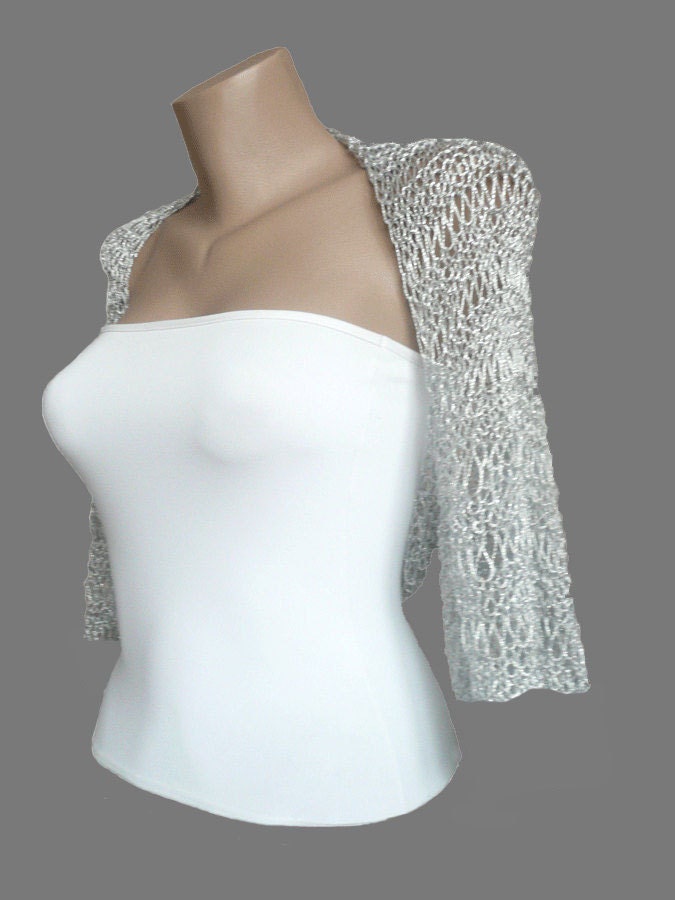 Hand Knit Silver White Silky Ribbon Bolero, Sleeves, Shrug, Wrap, Jacket, Weddings, Bridal, Women