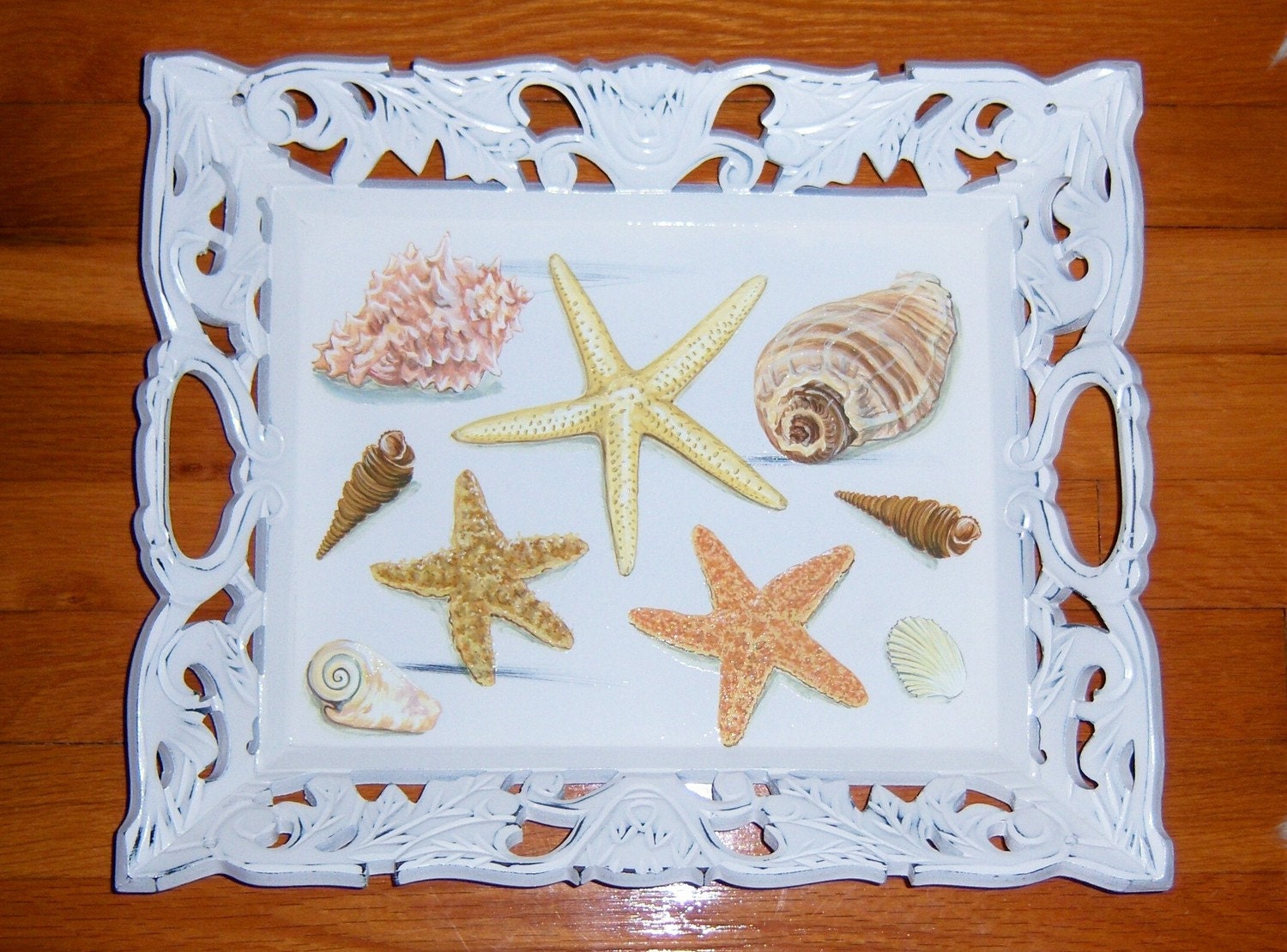 Ornate sea shell wood tray