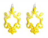 Laser Cut Acrylic Earrings Yellow Cabochon Stone Boho Retro Hippie Modern
