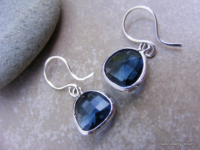 Navy Blue Glass Pendent Earrings in Matte Silver.