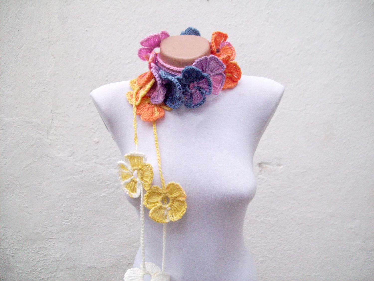 Handmade crochet Lariat Scarf  Yellow Lilac Blue Orange White Flower Lariat Scarf Colorful Variegated Long Necklace Winter Fashion
