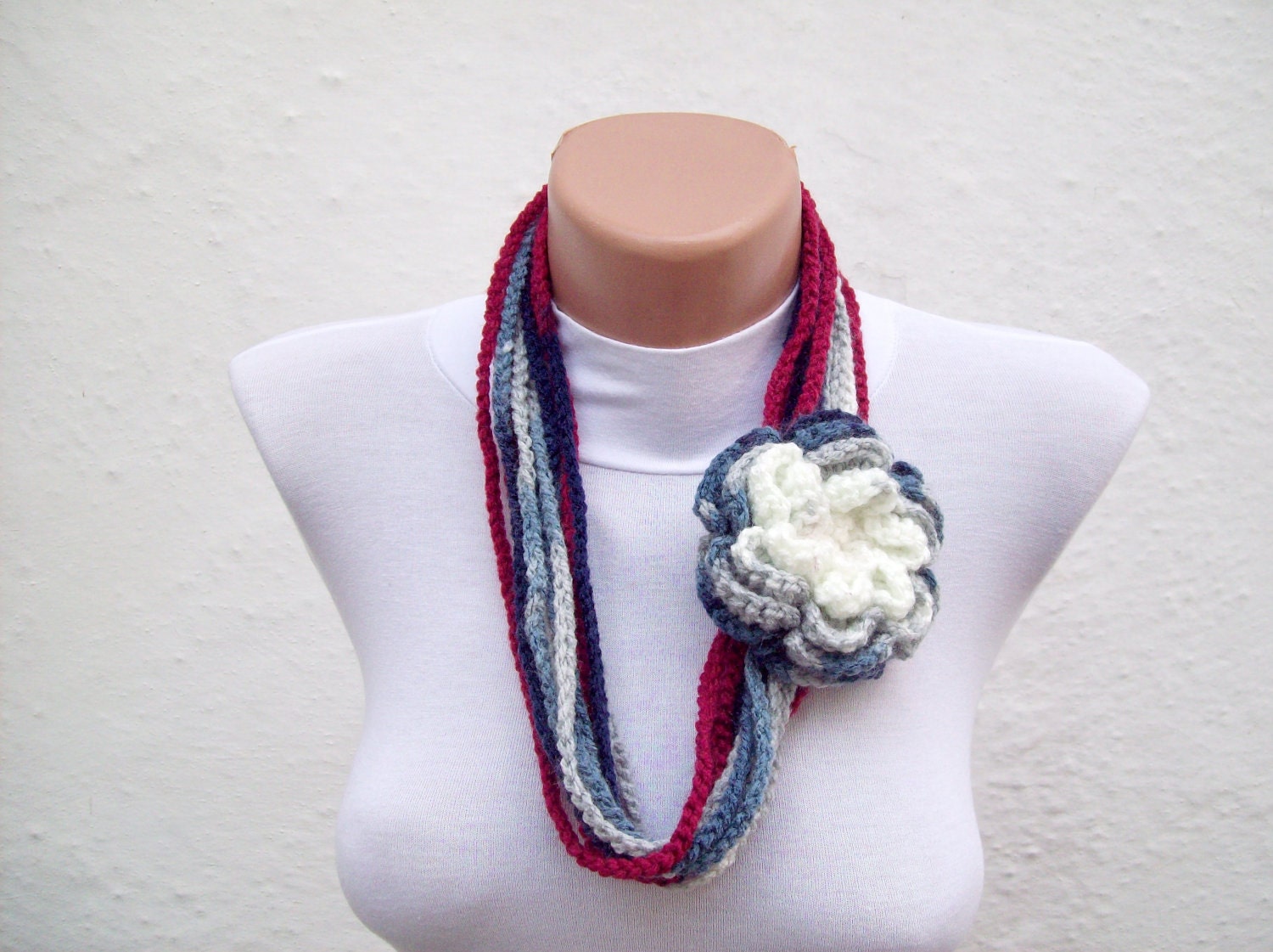 Removeable Brooch Pin  Hand crochet Lariat Scarf Grey  Blue Burgundy  Flower Lariat Scarf Colorful  Long Necklace Winter Fashion