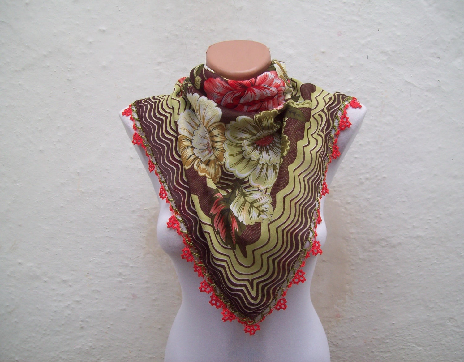 Handmade Traditional Turkish Fabric Scarf-Crochet Oya-brown green red