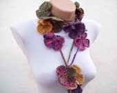Hand crochet Lariat Scarf  Pink Purple Green  Flower Lariat Scarf Colorful Variegated Long Necklace - nurlu