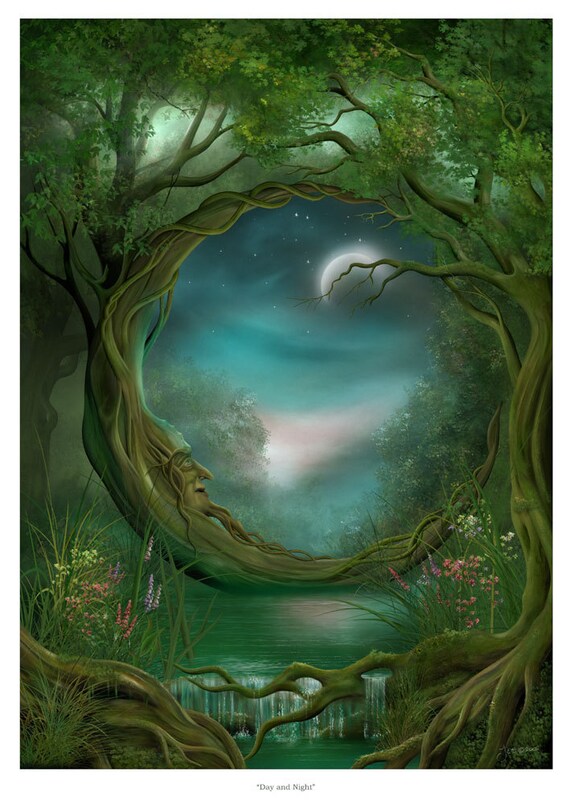 Art Print - Day and Night - Moon Tree A3 (11.7x16.5) print by John Emanuel Shannon