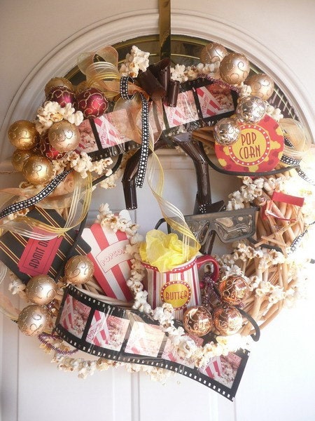 OOAK Family Movie Night Popcorn Home Theater Anytime New Years Wreath 21 x 20 x 8