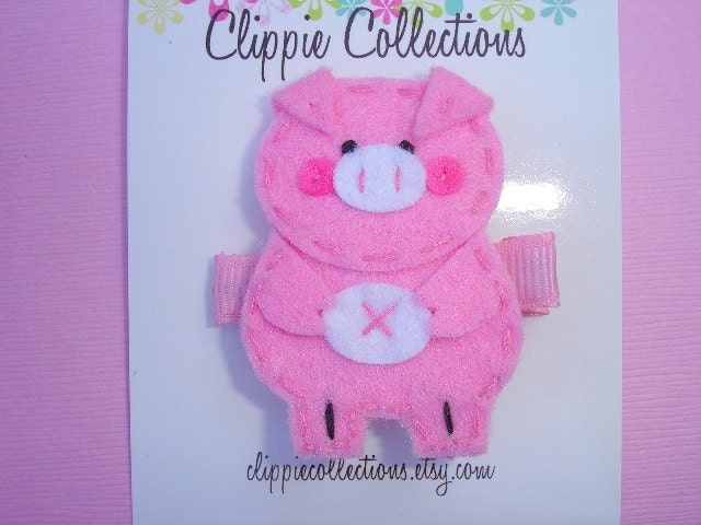 This Little Piggy clippie - pink white felt pig hair clip - no slip
