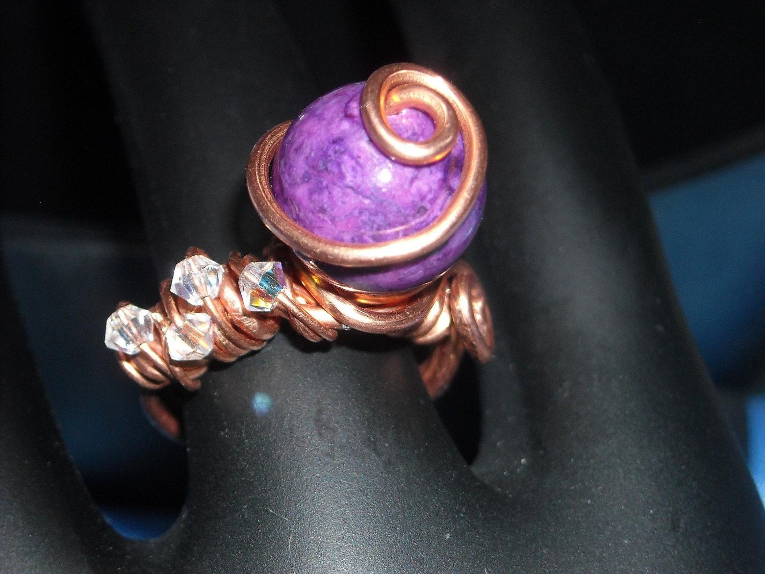 Purple Fossil Stone Copper Wire Wrapped Ring - Asymmetrical - Unique Fashion Asymmetric Design Purple Stone Ring Handmade