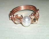 Freshwater Pearl And Crystal Copper Wire Wrapped Ring June Birthday Handmade Copper Fashion Ring Swarovski Crystal Pearl Ring